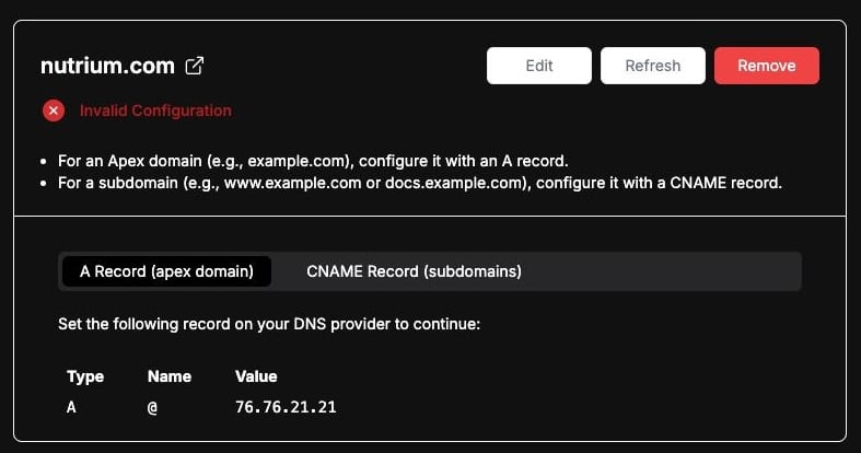 Example showing the DNS records needed to point a domain to WebbsAI